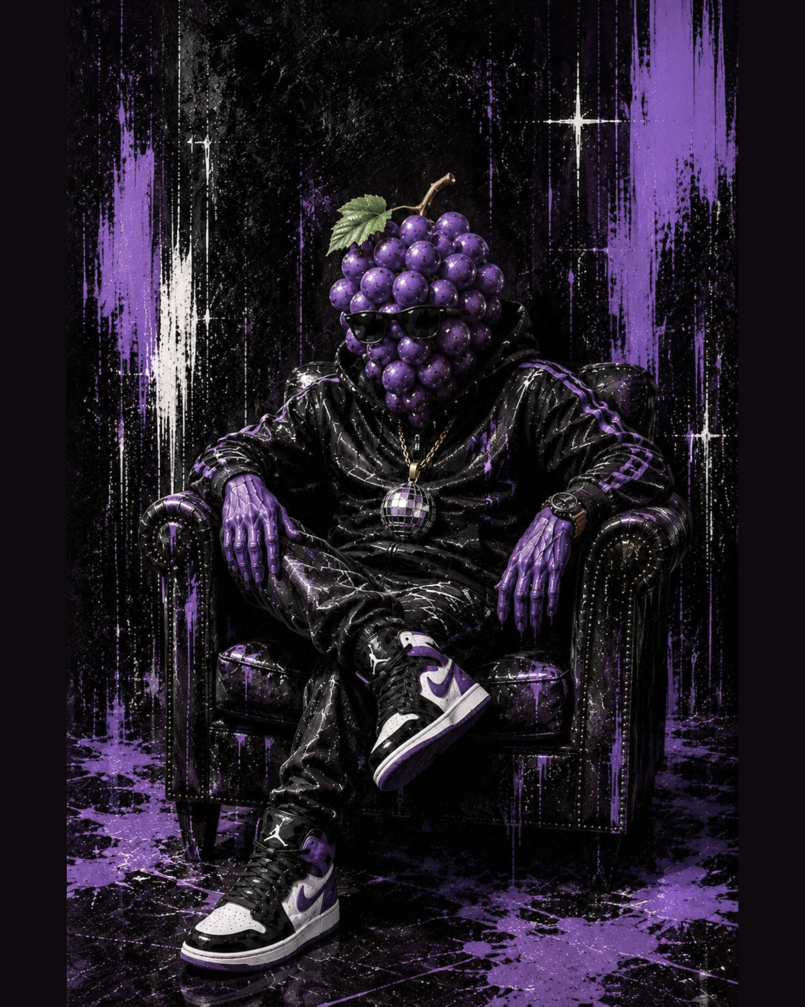 GENESIS collectible artwork: a purple grape character seated on a black throne